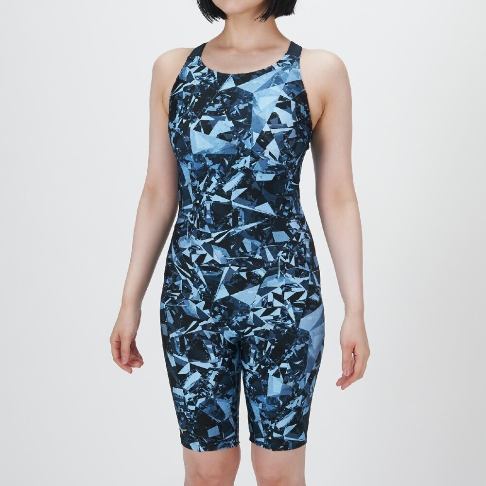 Mizuno Women’s Swim Fitness All-in-One Swimsuit Graphic Pattern Blue Gray 2025