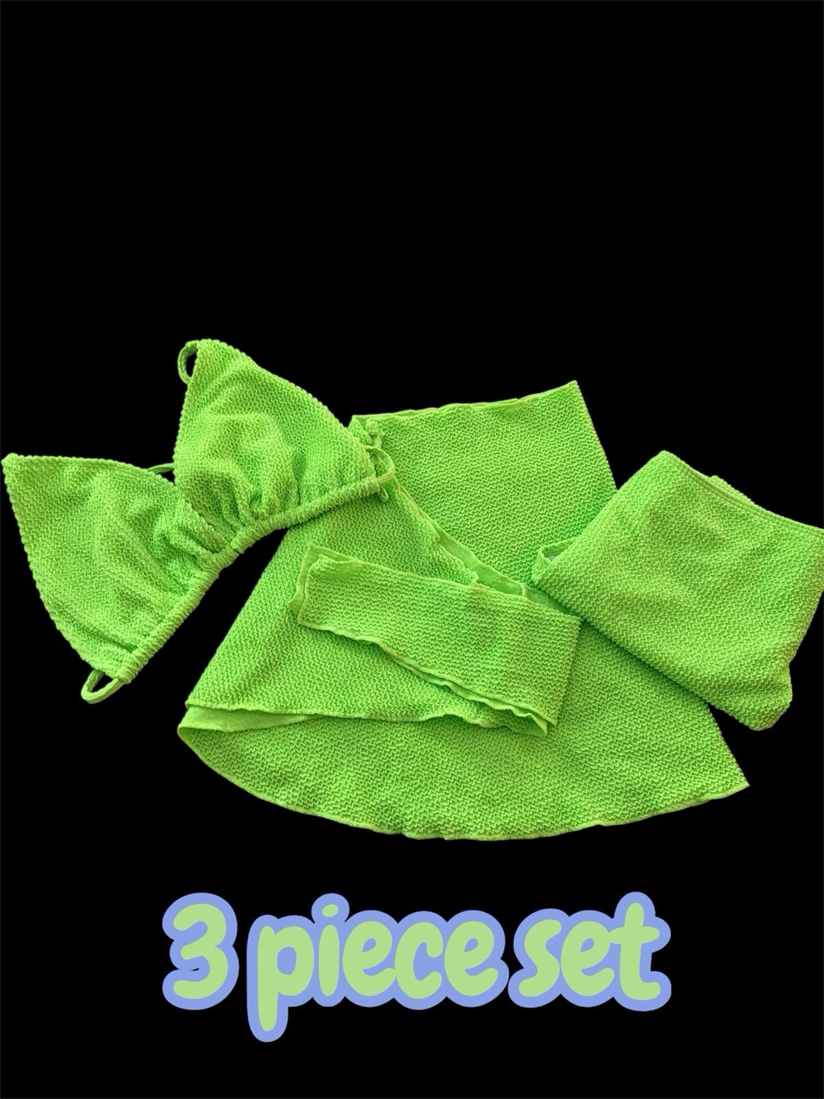 Neon Lime Green 3PC Bikini Set Ribbed Triangle Top Wrap Skirt Swimwear PLUS SIZE