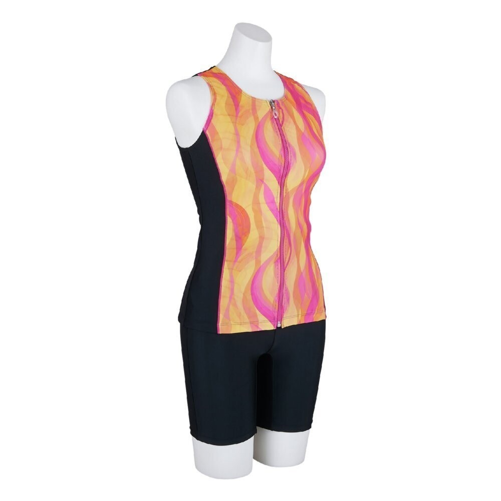Mizuno Women’s Aqua Fitness Two-Piece Suit Front Zip Tank Top Black/Cassis ORG