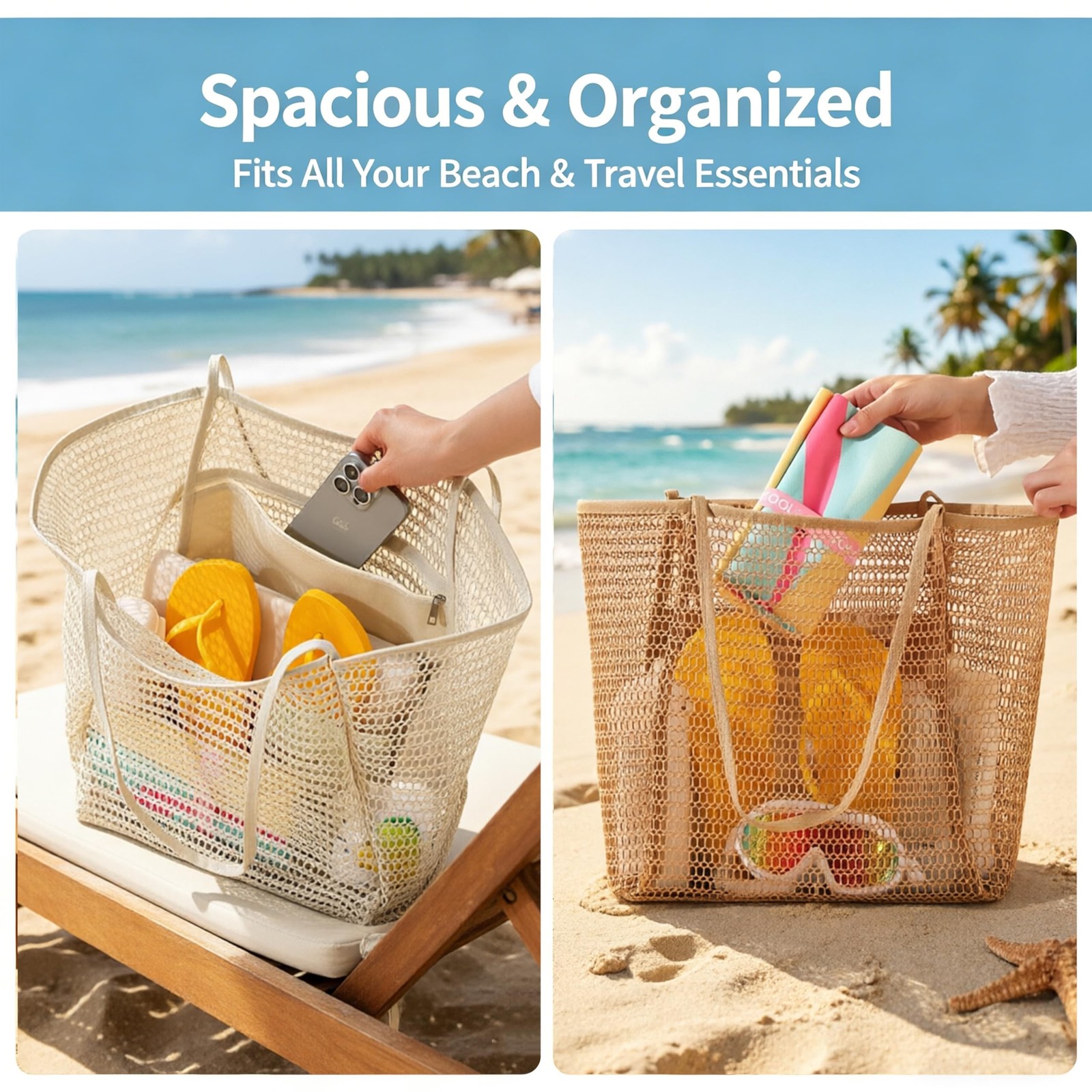 Mesh Beach Tote Bag with Silk Scarf, Large Foldable Sandproof Travel Bag, Bre…