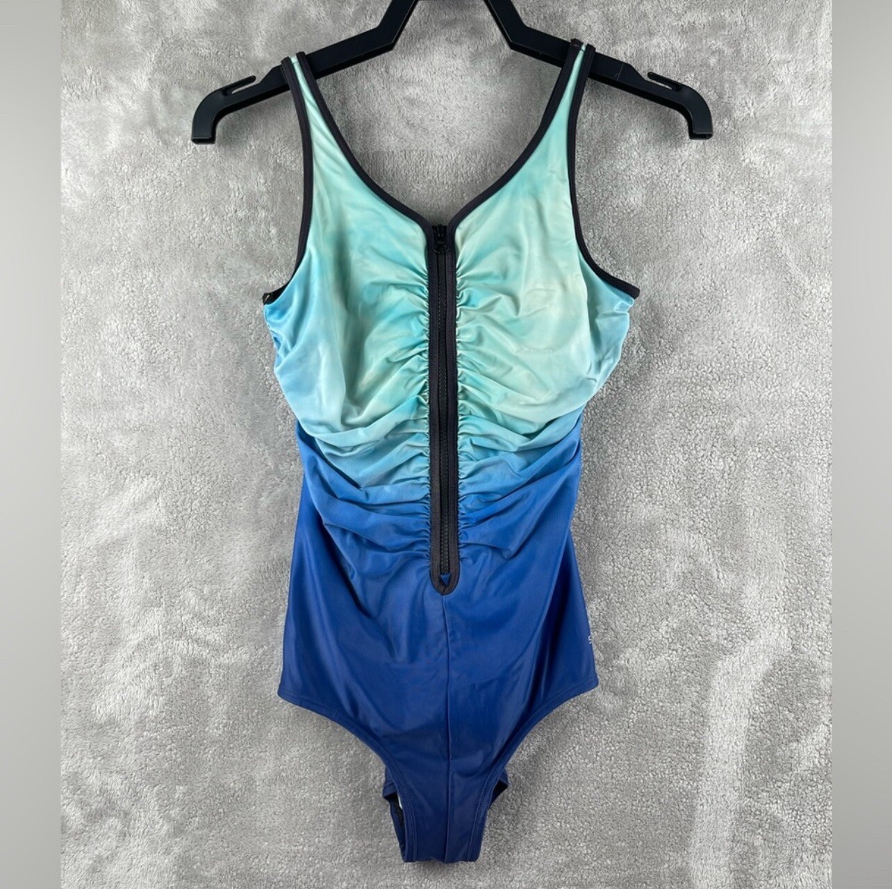 Speedo PowerFLEX Eco Womens One Piece Swimsuit Blue Ombre Zip Front Size 8
