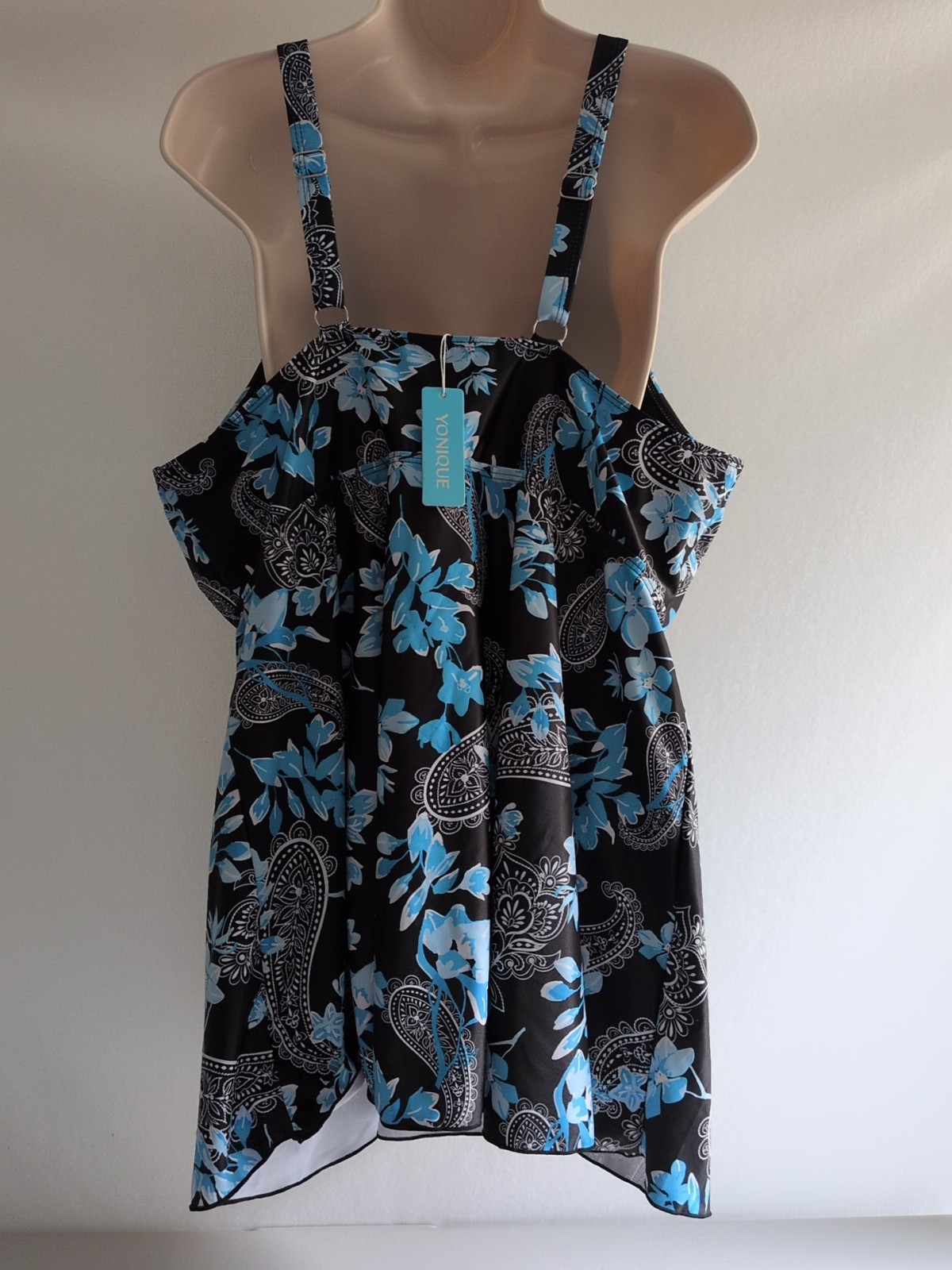 Yonique Plus Size Floral Paisley Blue & black Bathing suit Top Womens Size 24W