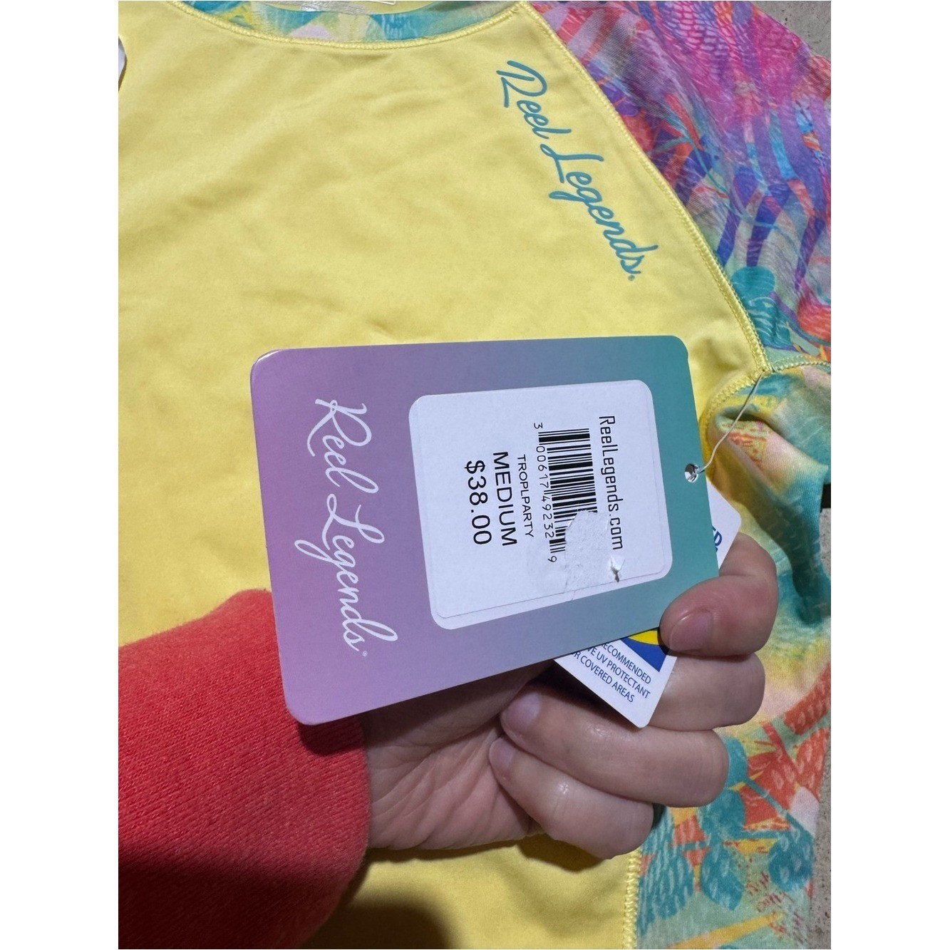 Reel Legends NWT Rash Guard Women Size Medium Yellow Tropical Short Sleeve Swim