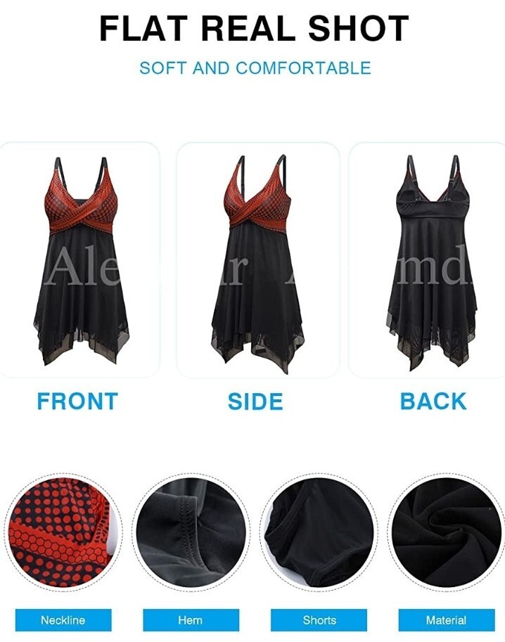 Aleumdr Women Retro Polka Dot Mesh Print Swimsuit Two Piece Tankini Swimdress S