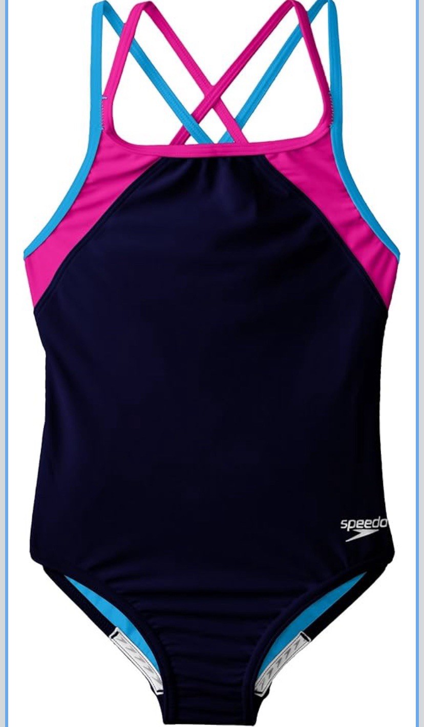 Speedo Cross Back One Piece Competitive Swimwear Navy Pink Blue Size 12