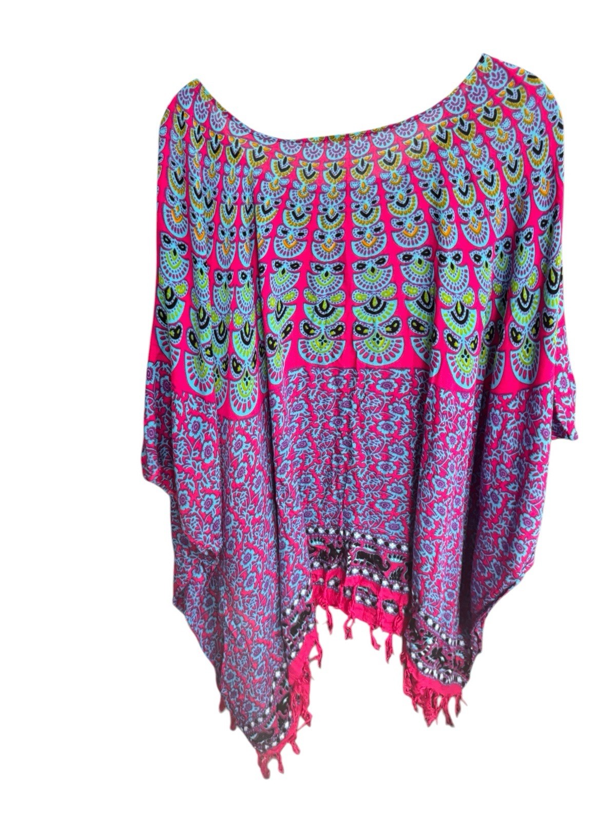 Bohemian Fringe Poncho One Size Colorful pattered Festival Shawl Wrap Women’s