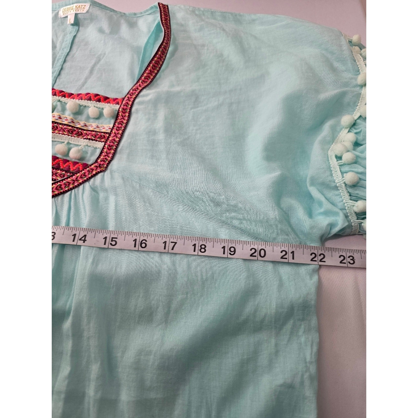 Debbie Katz Tunic L Aqua Embroidered Pom Pom Boho Beach Cover Up