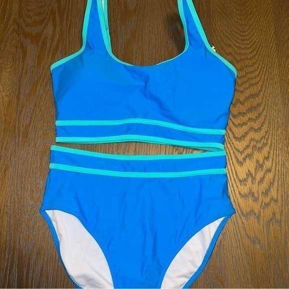 Blue Turquoise Sporty High Waisted Bikini Set Scoop Neck Two Piece Swimsuit S