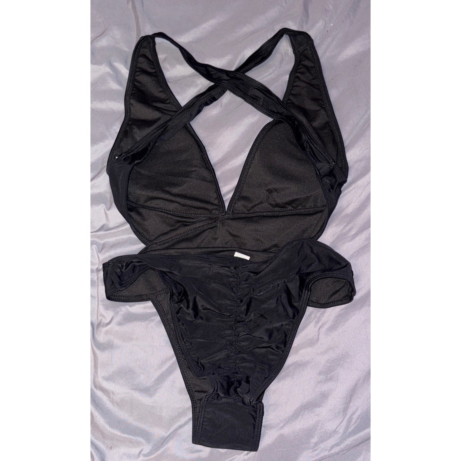 Women’s Black Cheeky Ruched Crisscross Back One-Piece Swimsuit M