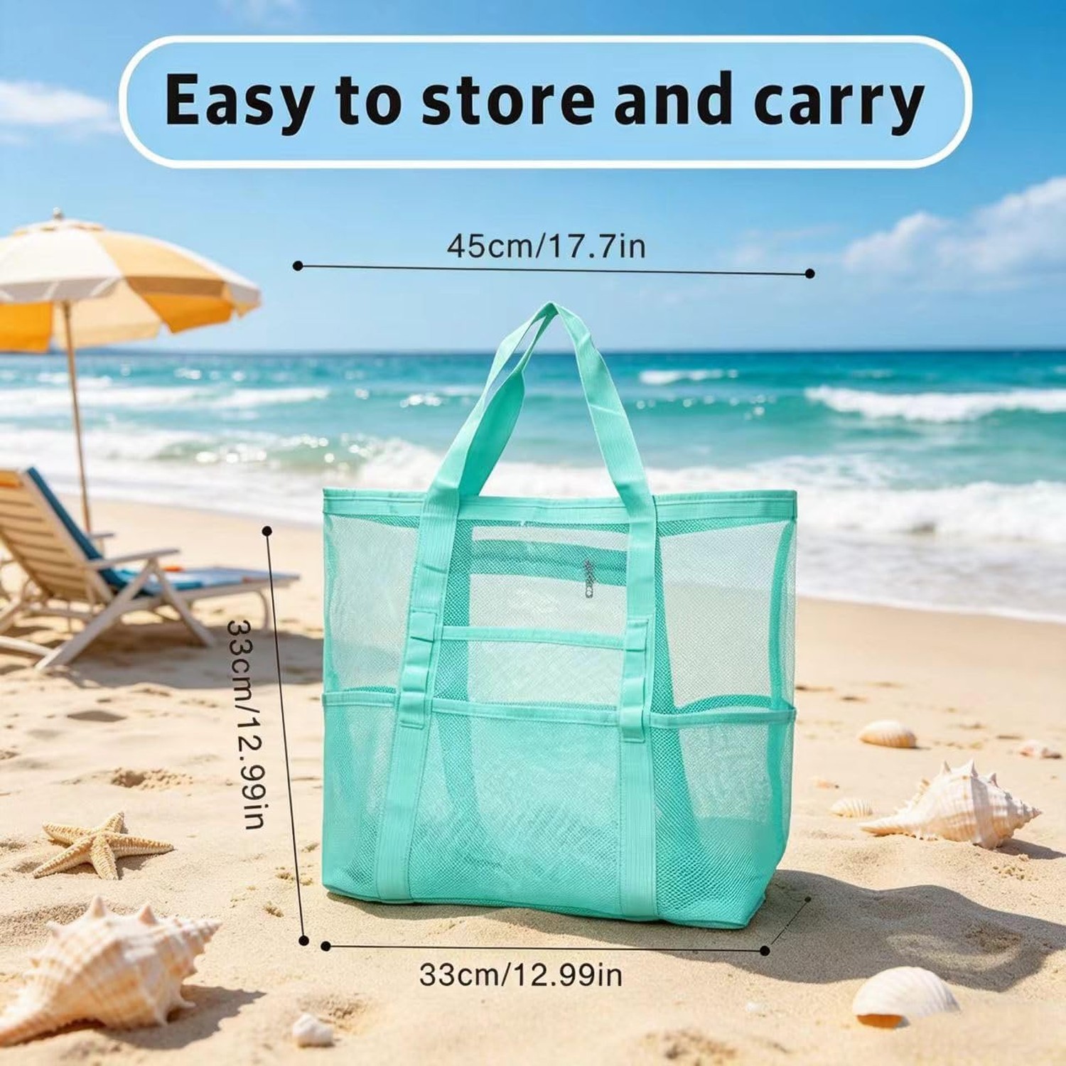 Mesh Beach Tote with Zipper Pockets,with a pair of Sunglasses X-Large Blue