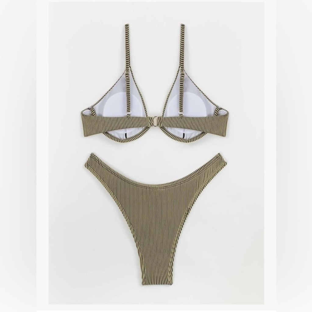 NEW 2 Pc Green Ribbed Underwire Thong Triangle Bikini Bathing Swimsuit M 8/10