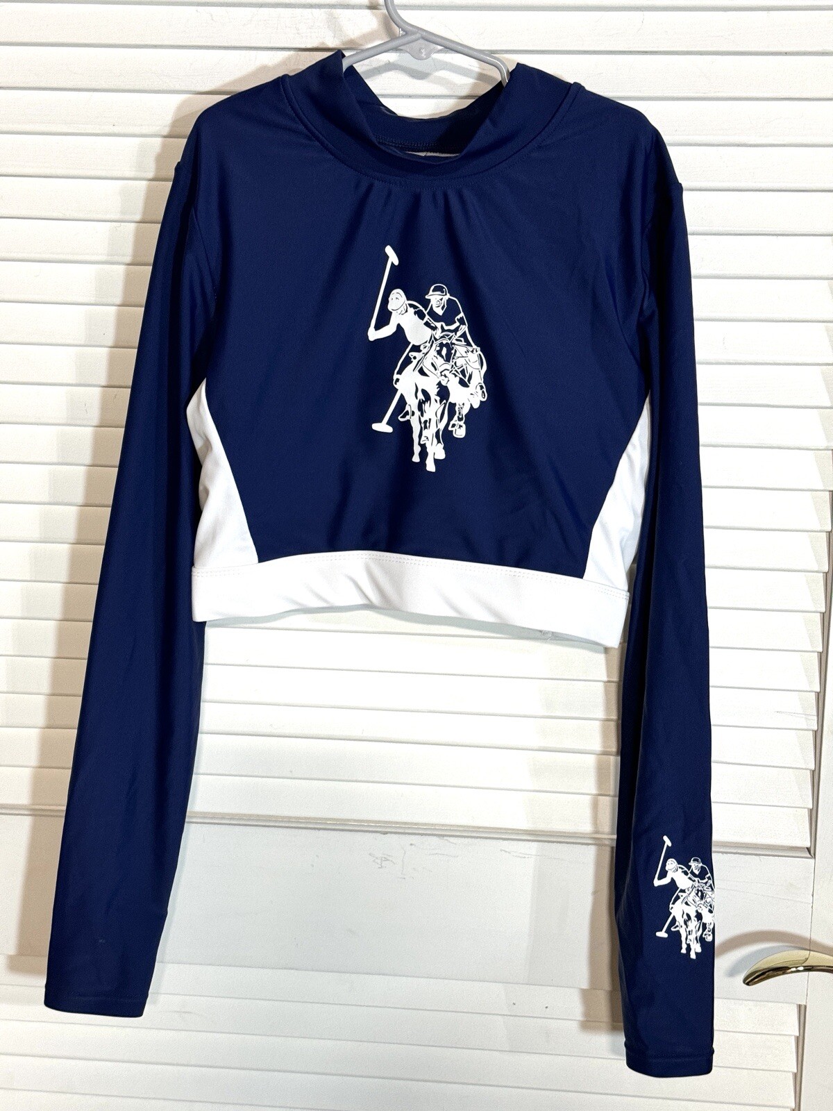 Women’s Rash Guard US Polo Assoc Top Blue Cropped 7/9 Juniors Swim EUC