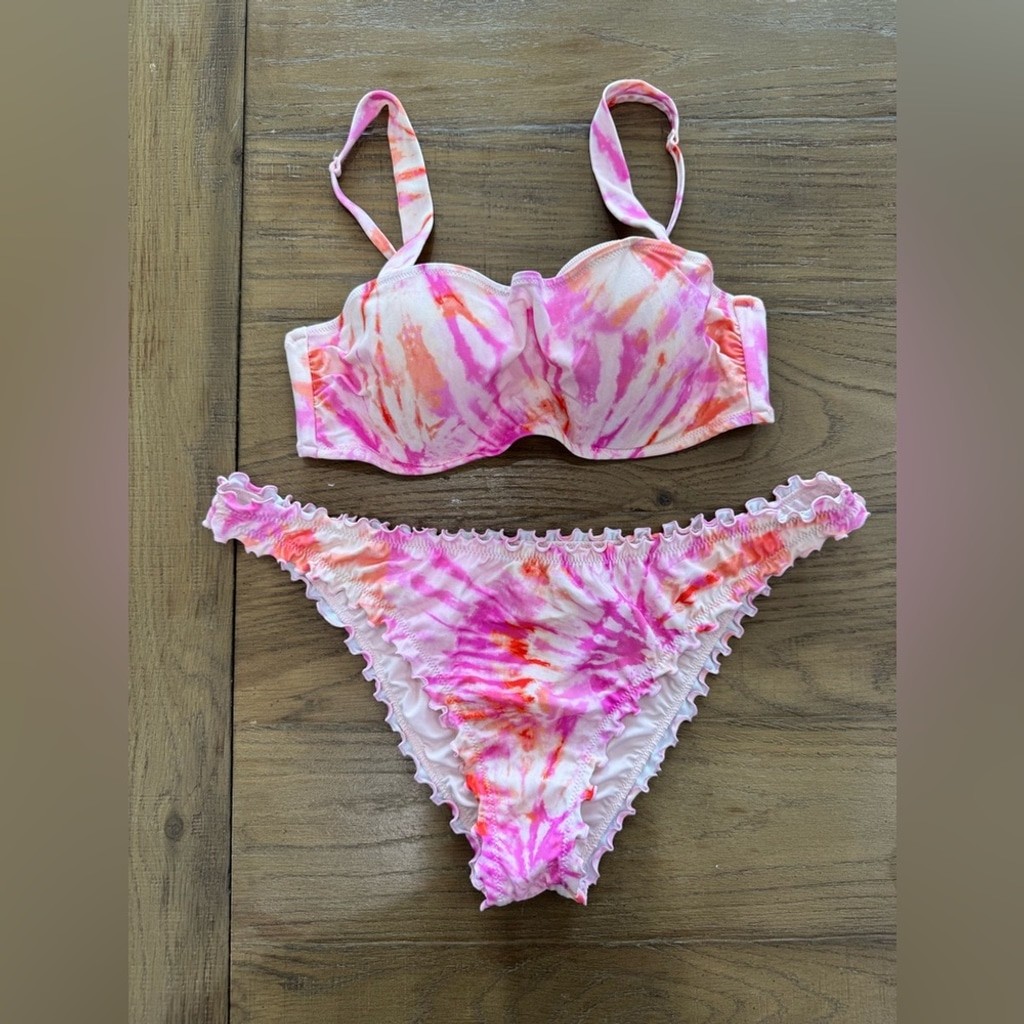 Shade & Shore Pink + Orange Tie-Dye Bikini Set XL Bottom 36B Adjustable Top T11