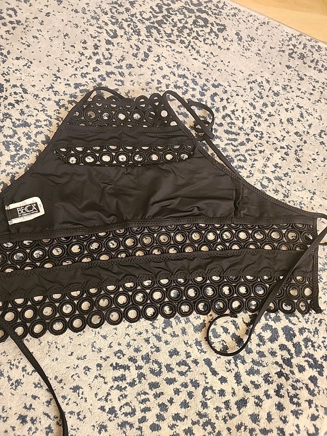 Becca By Rebecca Virtue Siren Shimmer Black High Neck Halter Bikini Top SZ M