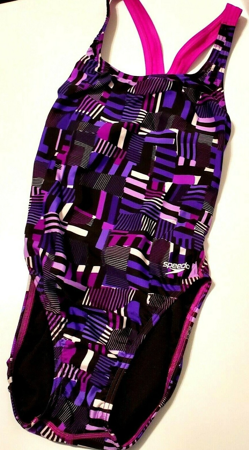 Speedo Pro Women One Piece Swimsuit Stripe Open Back Purple Pink Swim Geometric