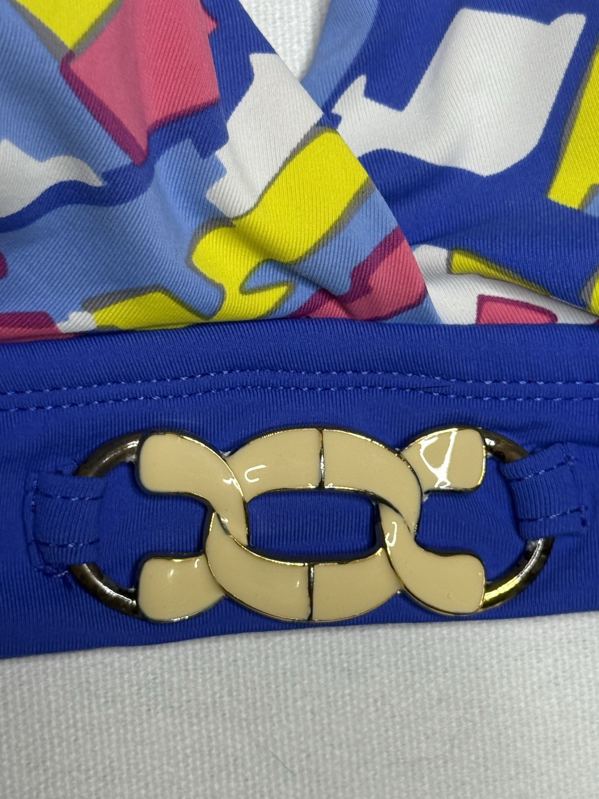 PERRY ELLIS Floral Geometric Halter Bikini Top Blue Pink Yellow Gold Ring 36D DD