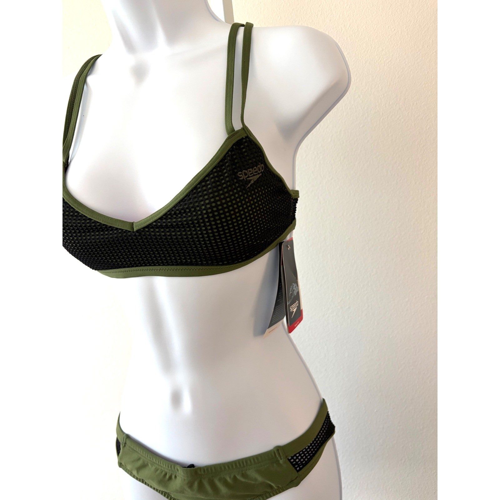 Speedo Athletic Turnz Endurance Practice Bikini Mesh Strappy Swim Set Olive Sz S