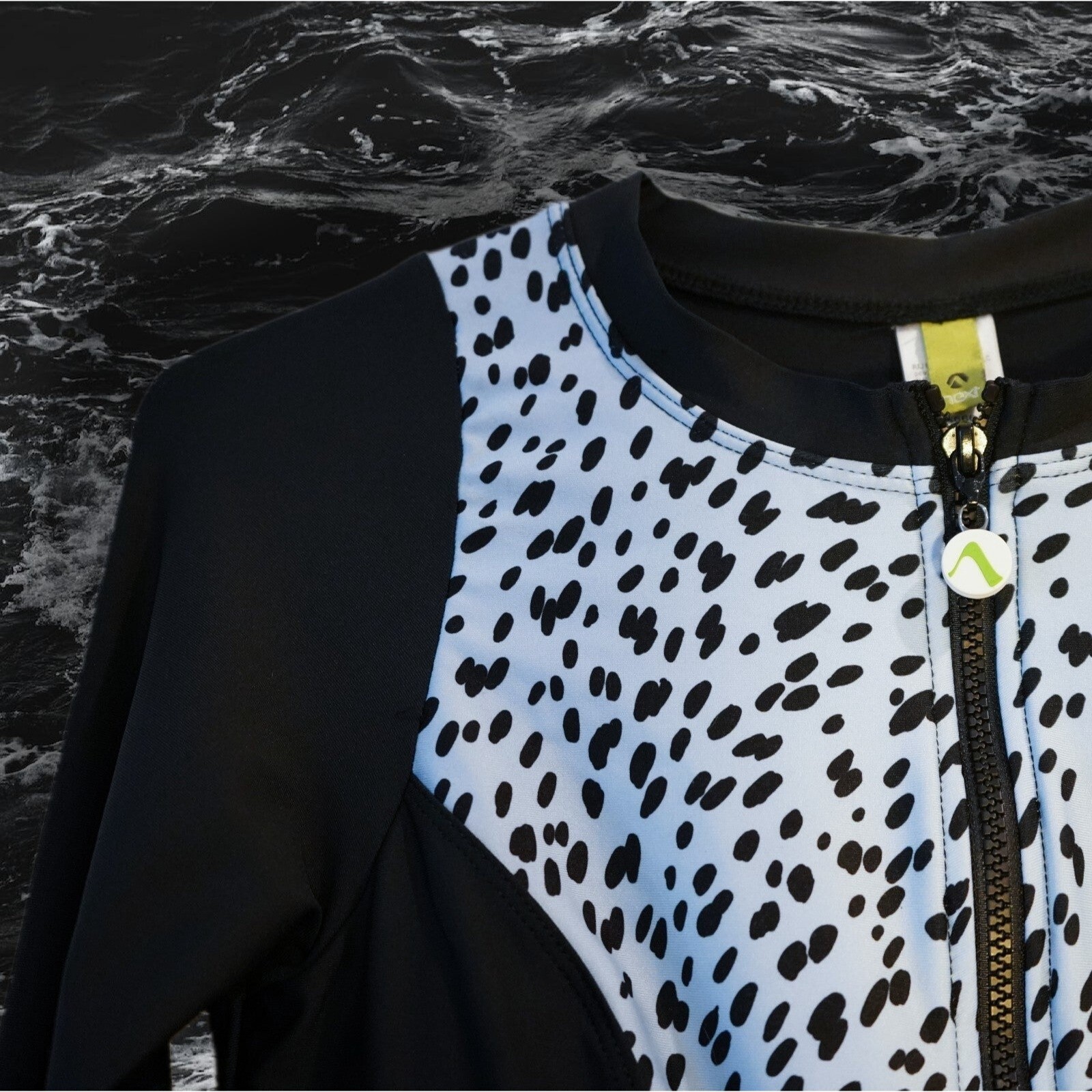 Next by Athena Good Karma Zip One Piece Swimsuit Black & Blue Cheetah sz L