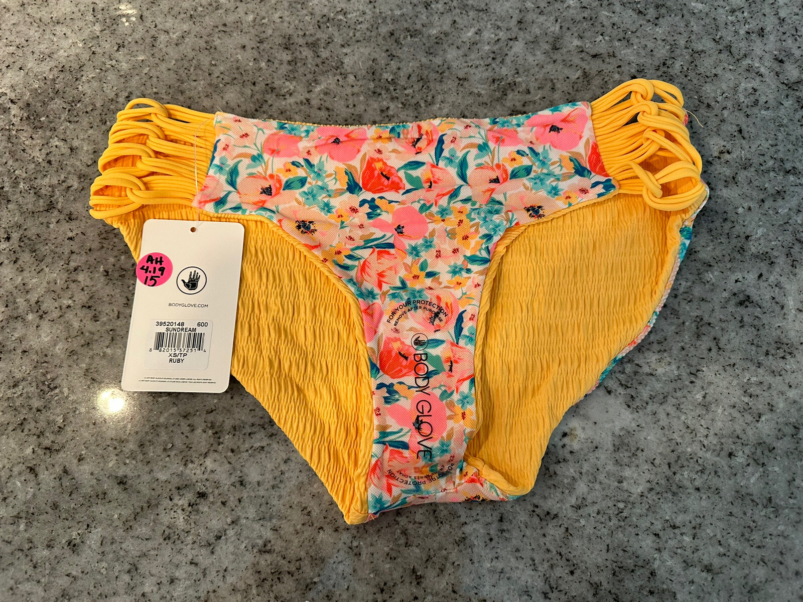 Body Glove XS Sundream Ruby Bikini Bottom Reversible Yellow Flower New with Tags