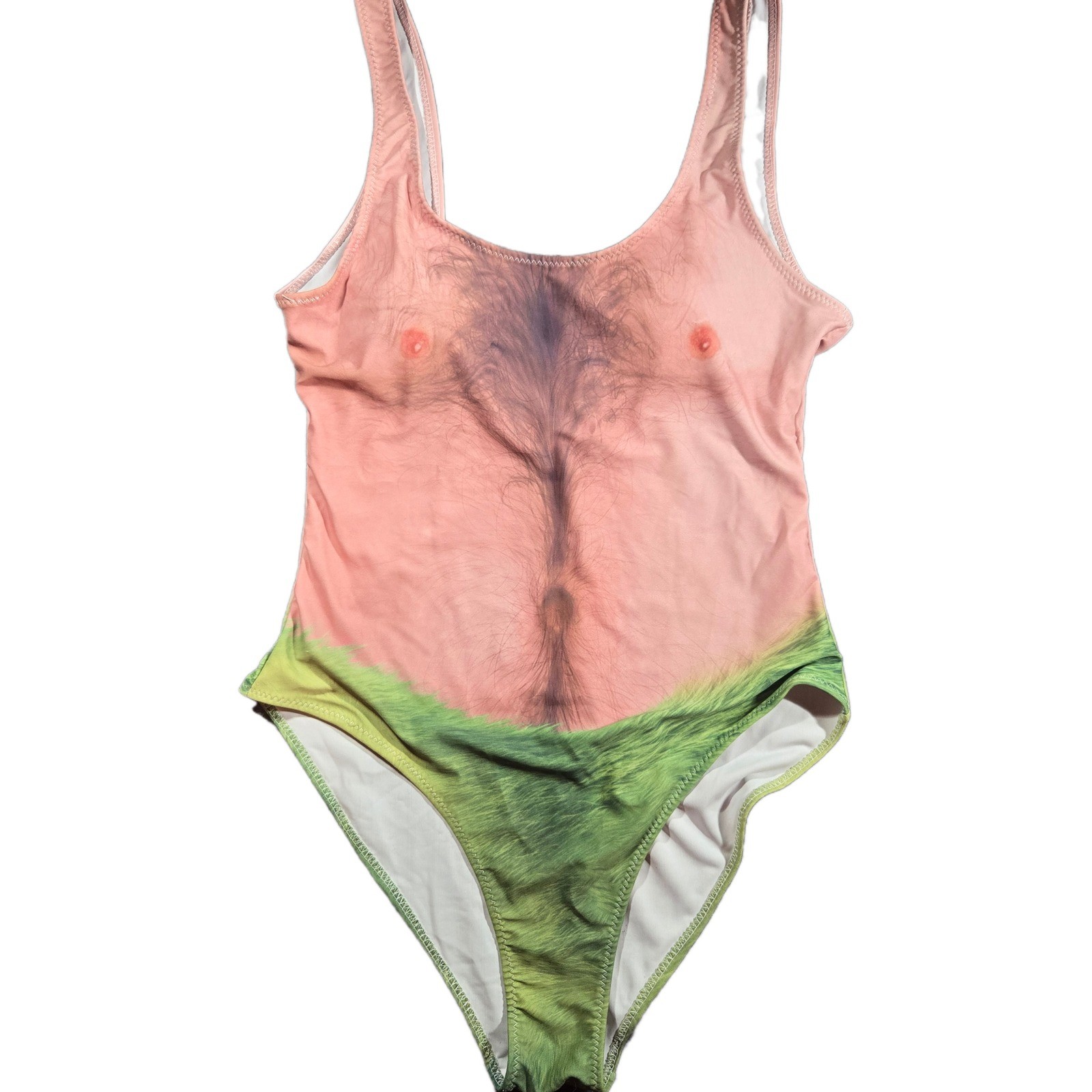 Swimsuit Woman One Piece Funny Hairy Chest Sz Large Prank Beach Vacation Pool