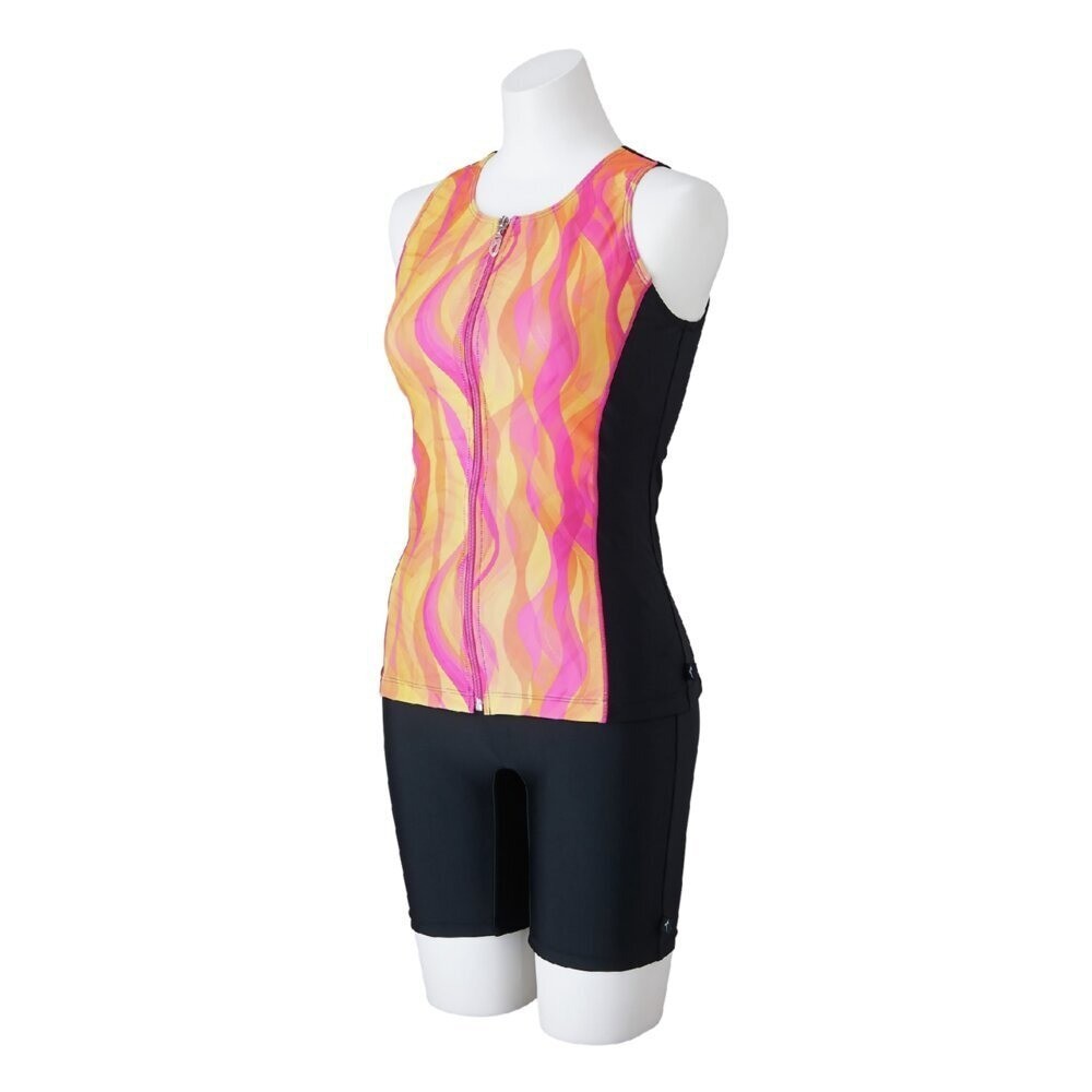 Mizuno Women’s Aqua Fitness Two-Piece Suit Front Zip Tank Top Black/Cassis ORG