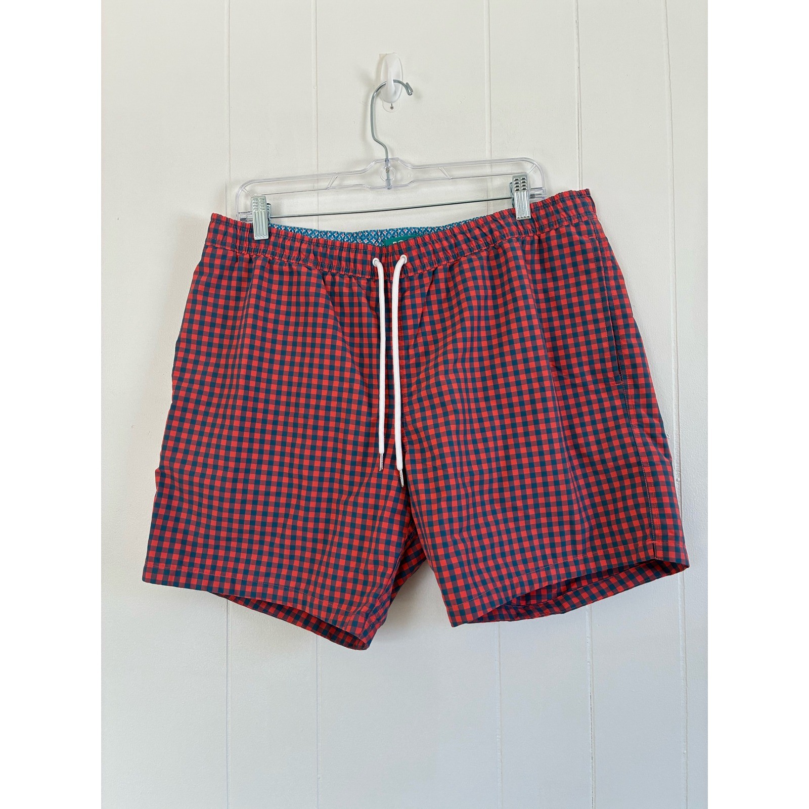 Bonobos Gingham Swim Trunks Shorts Red Navy Blue Men’s Size L 7 Inch Inseam