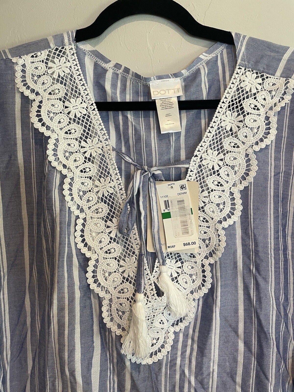 NWT Dotti Denim Blue Striped Poncho Tassel Swimsuit Cover Up Women’s Size Large