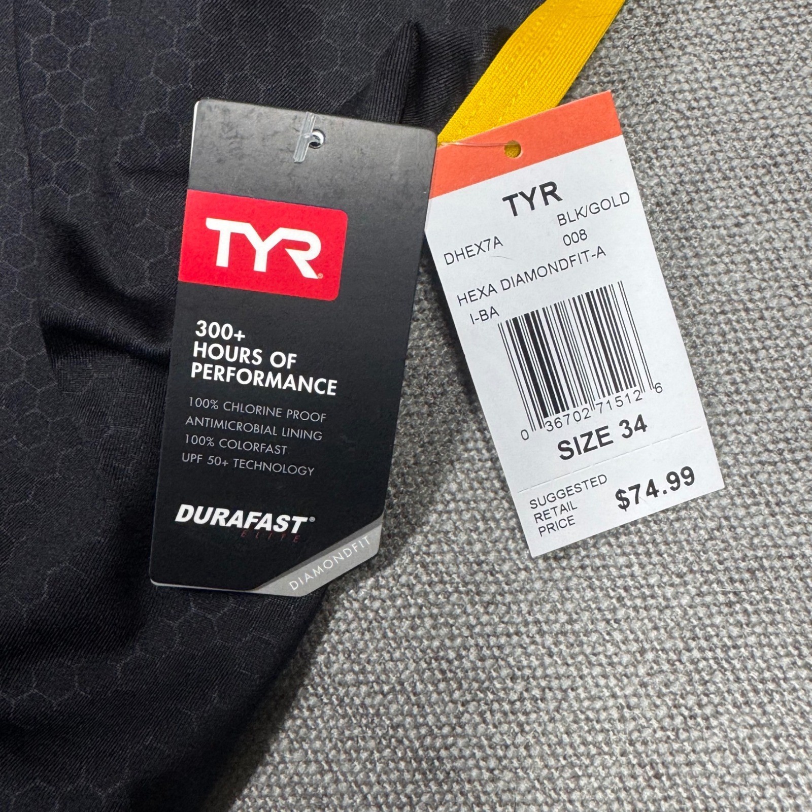TYR Hexa Diamondfit Swimsuit Black Gold Durafast Elite Size 34 NWT