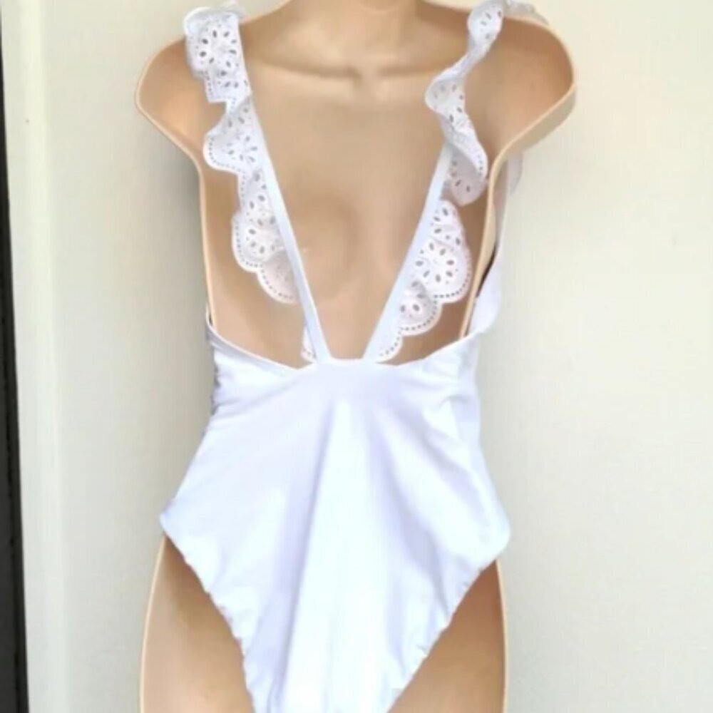 White Swimsuit Size L Eyelet Ruffle Plunge Cheeky Monokini Bachelorette