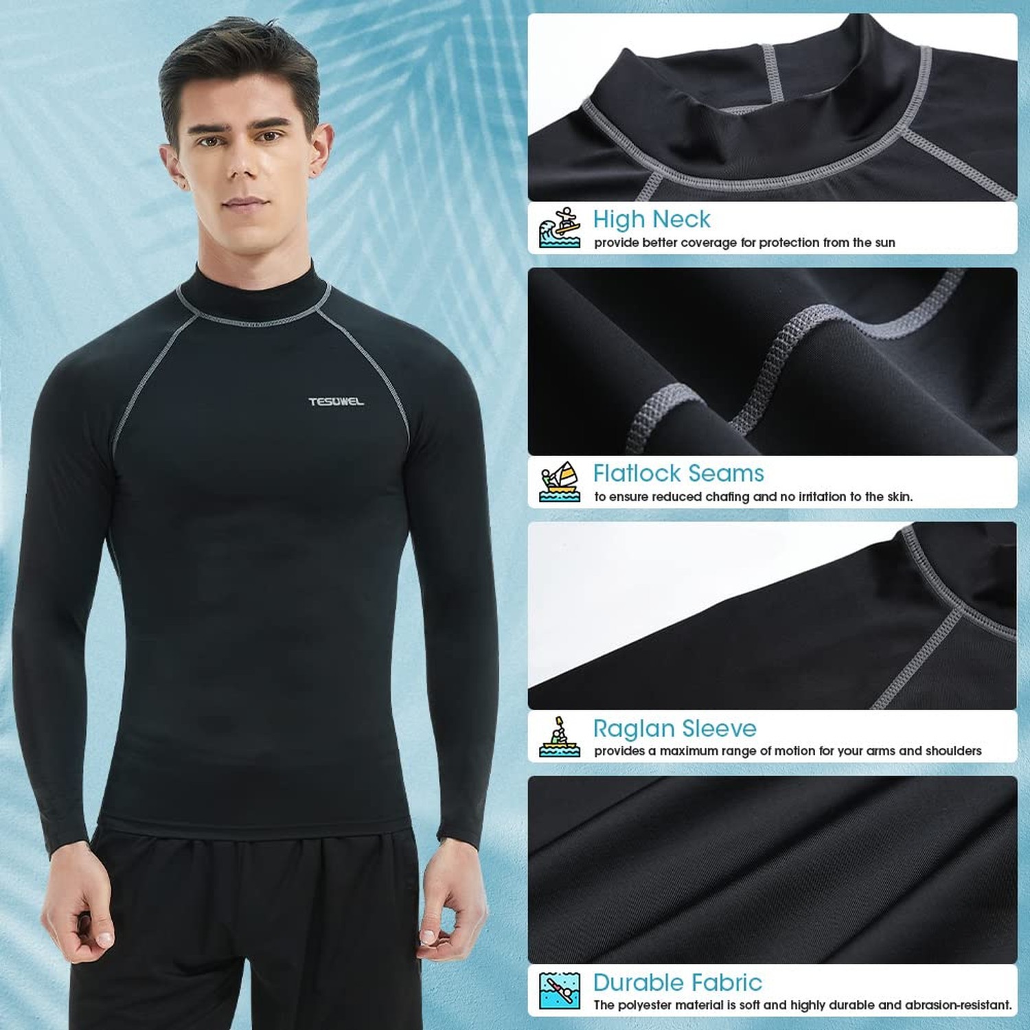 Rash Guard for Men Long Sleeve UPF 50+ Mens Swim Shirts UV Protection Compres…