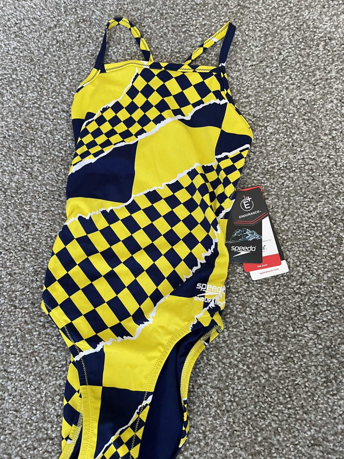 Speedo Endurance Flyback One Piece Swimsuit Womens Size 26 Blue Yellow NWT $84