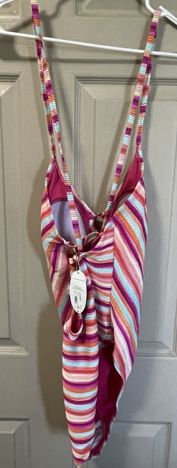 Mynah Women’s Striped Ring Plunge One Piece Swimsuit Sz XL New