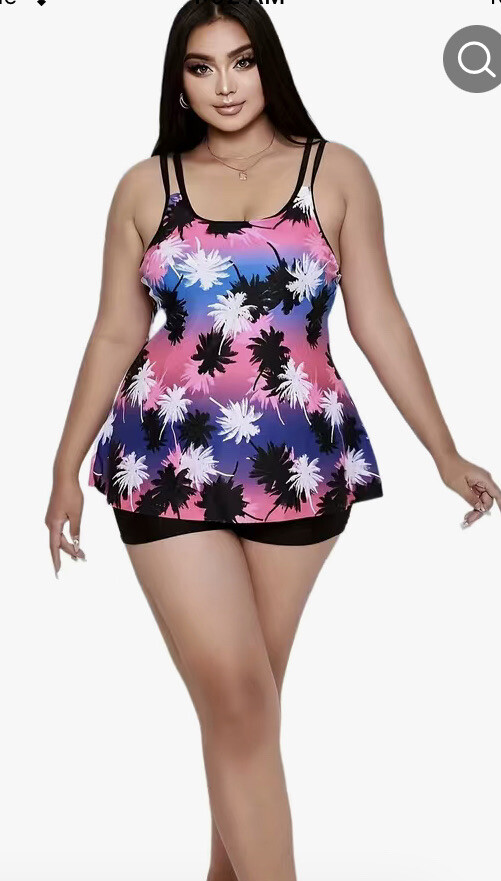 2pc Tankini Women’s 2X Plus Size Palm Trees Pink Blue Purple Bathing Suit