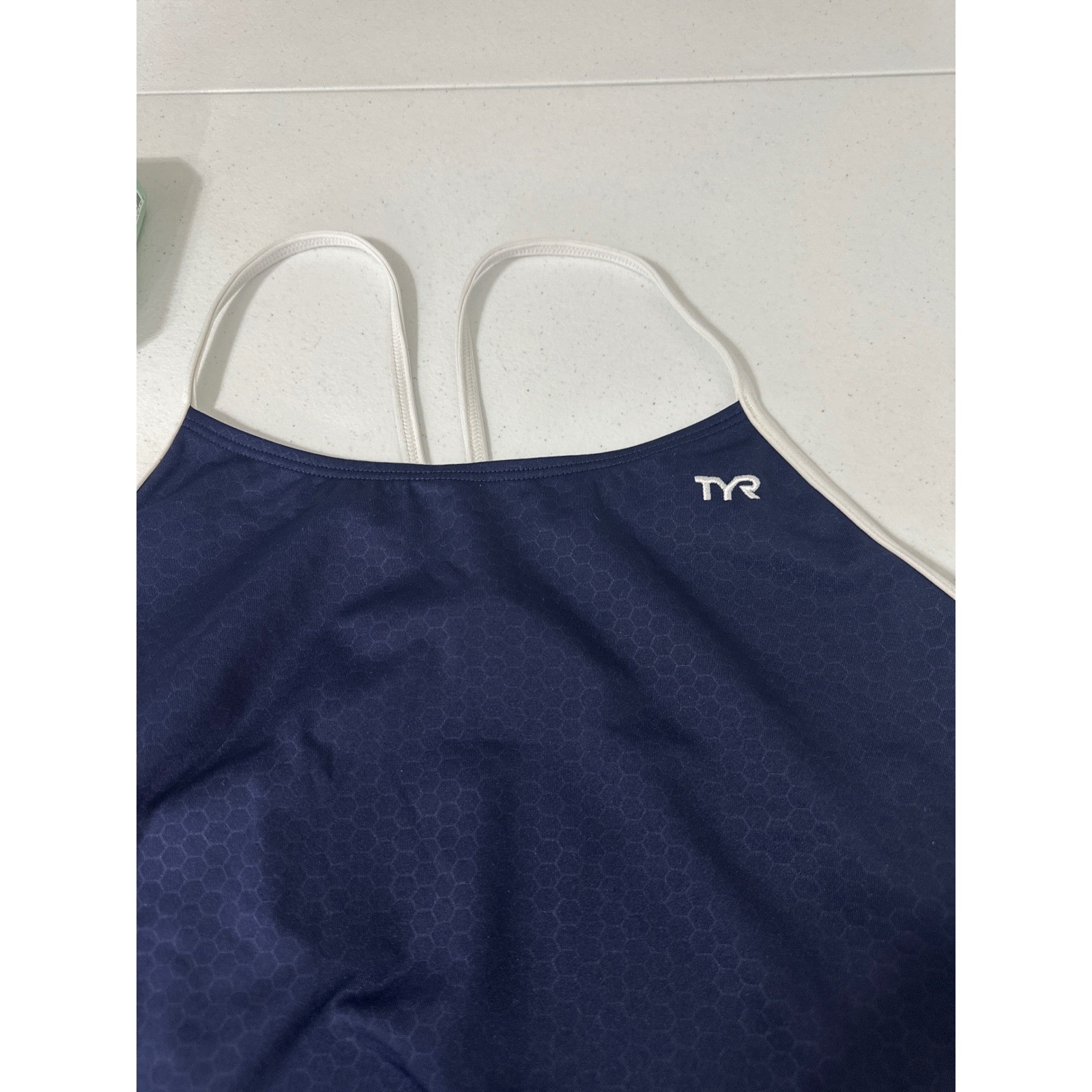 TYR Womens Navy Blue Honeycomb Performance One Piece Swimsuit Size 40 Training