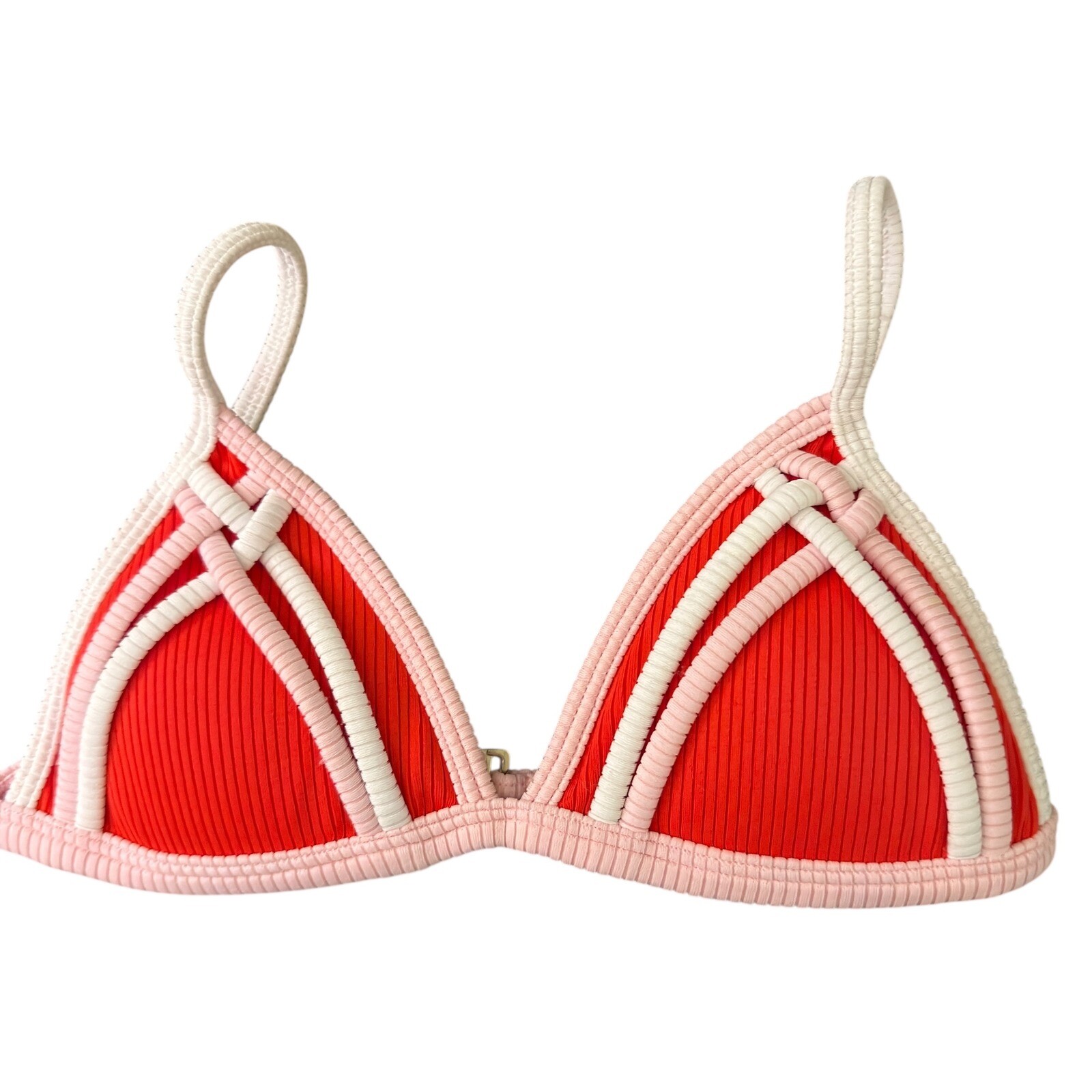 ONEONE Red Ribbed Triangle Bikini Top Padded Braided Straps Size S