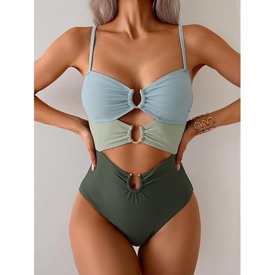 MSRP $48 Eomenie Women’s S Green Color Block Cutout One Piece Swimsuit with Ri