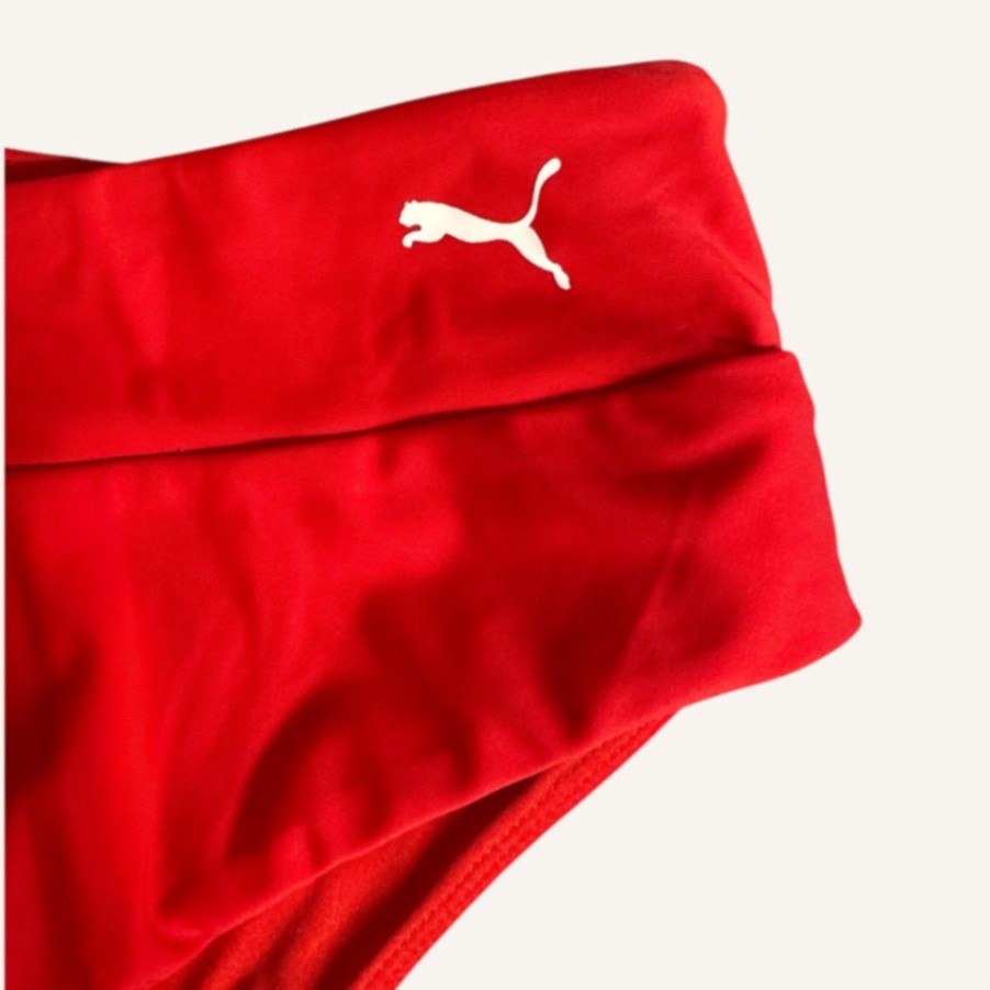 New Puma High Waist Swim Bottoms Red White Logo Womens Size M