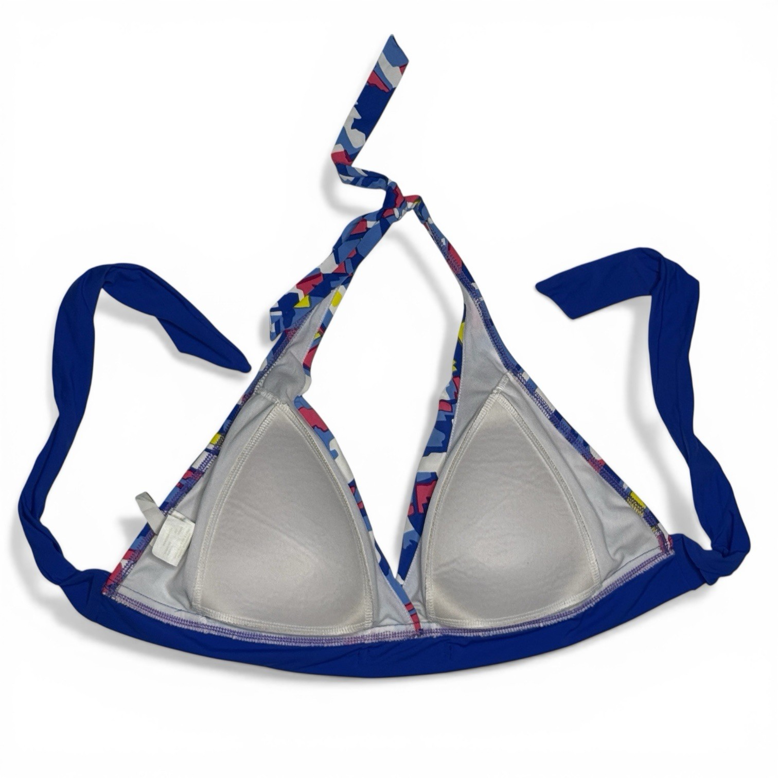 PERRY ELLIS Floral Geometric Halter Bikini Top Blue Pink Yellow Gold Ring 36D DD
