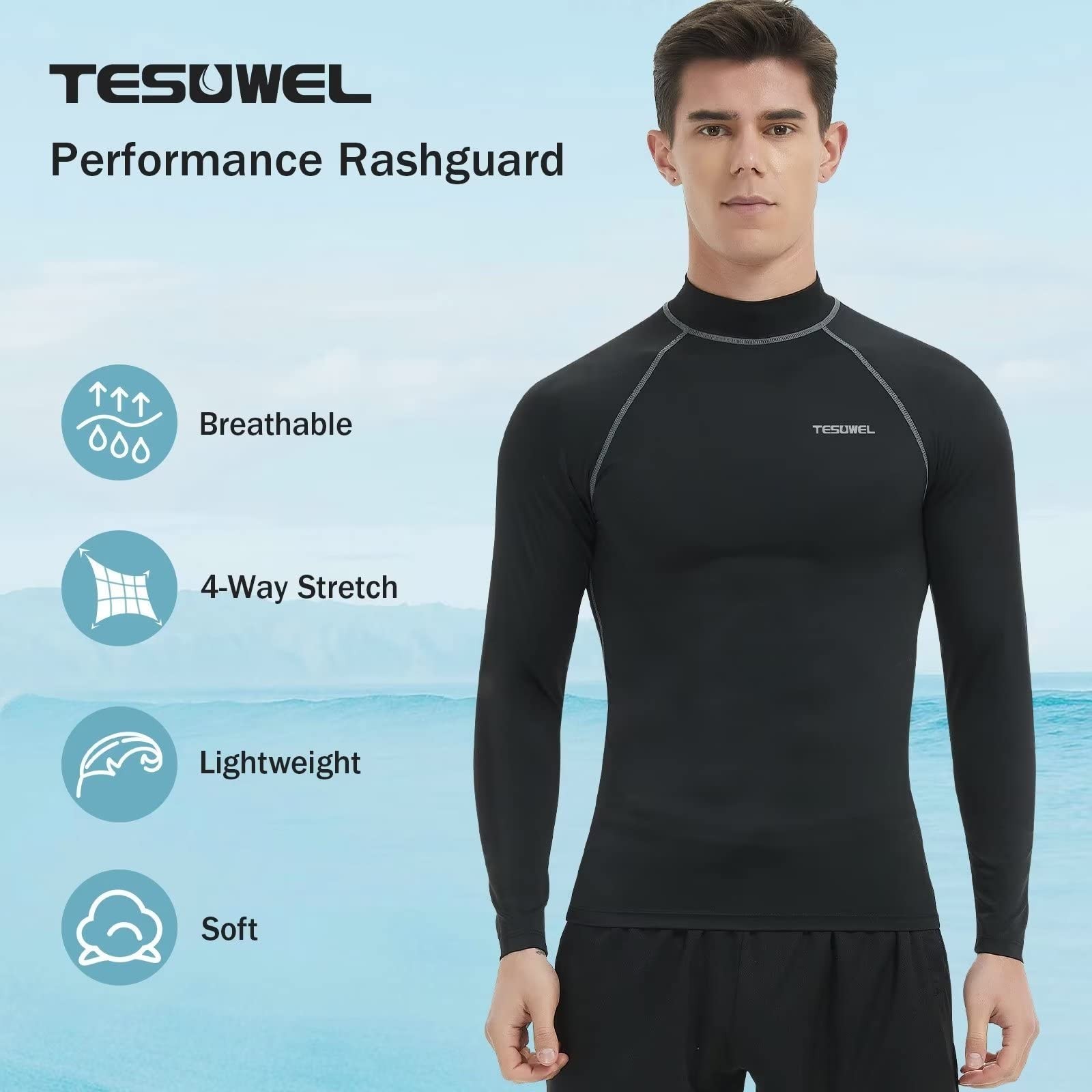 Rash Guard for Men Long Sleeve UPF 50+ Mens Swim Shirts UV Protection Compres…