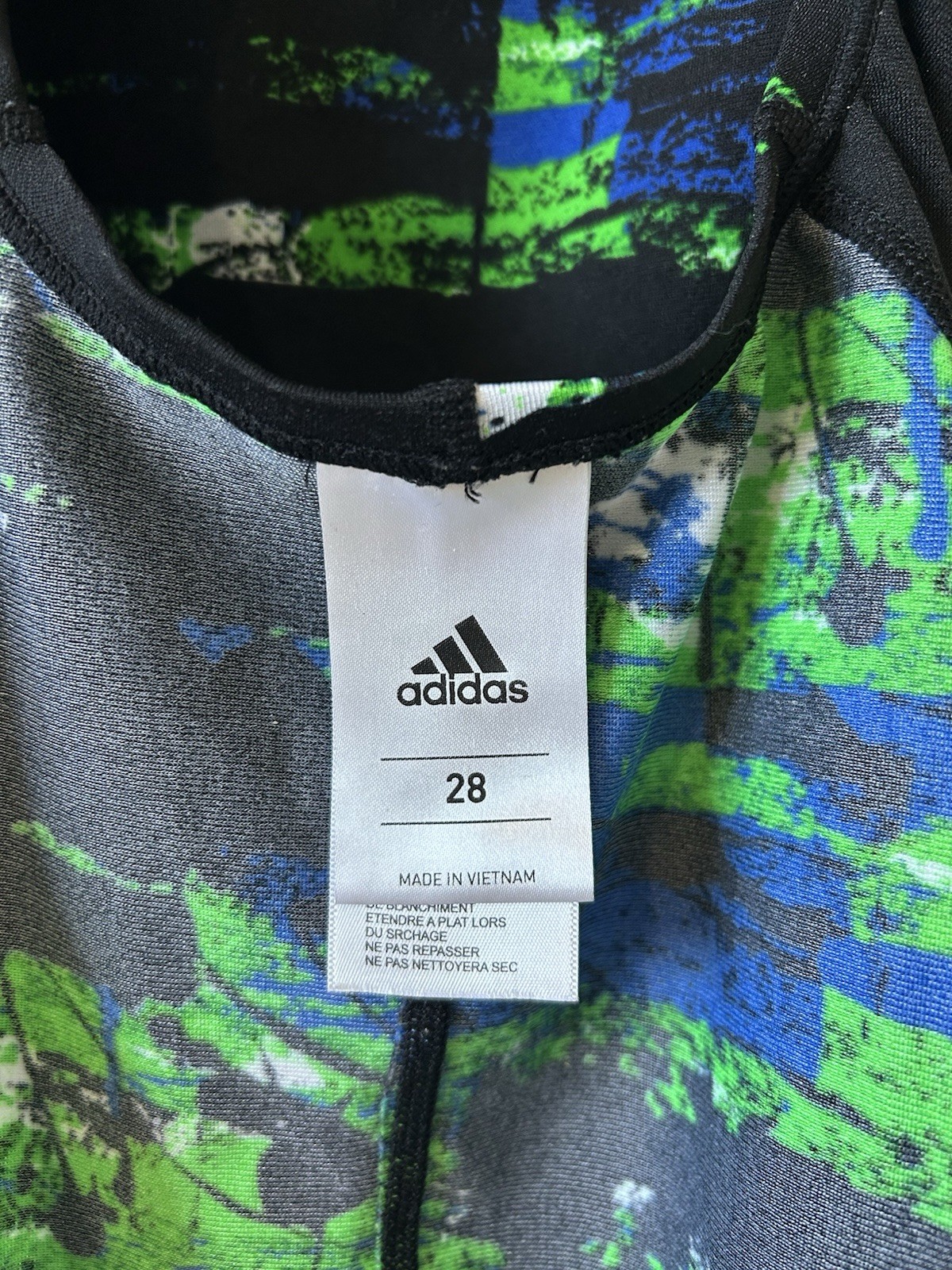 Adidas One Piece Swimsuit Size 28 NWOT Black Green Blue Print Crossback Training