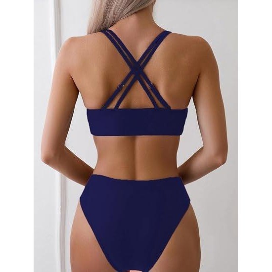 MSRP $38 Tainehs Women’s M Navy Blue Push Up V Neck Two Piece Bikini Sets Cris
