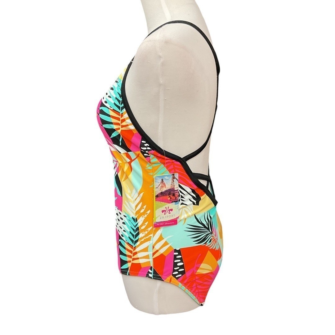 ZX Sport Colorful Tropical Printed Crisscross V Neck One-Piece Swimsuit XL NWT