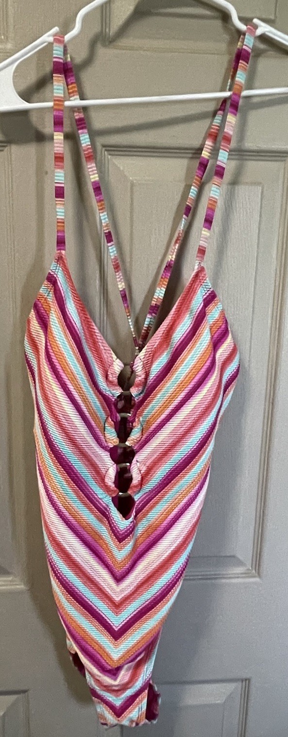 Mynah Women’s Striped Ring Plunge One Piece Swimsuit Sz XL New