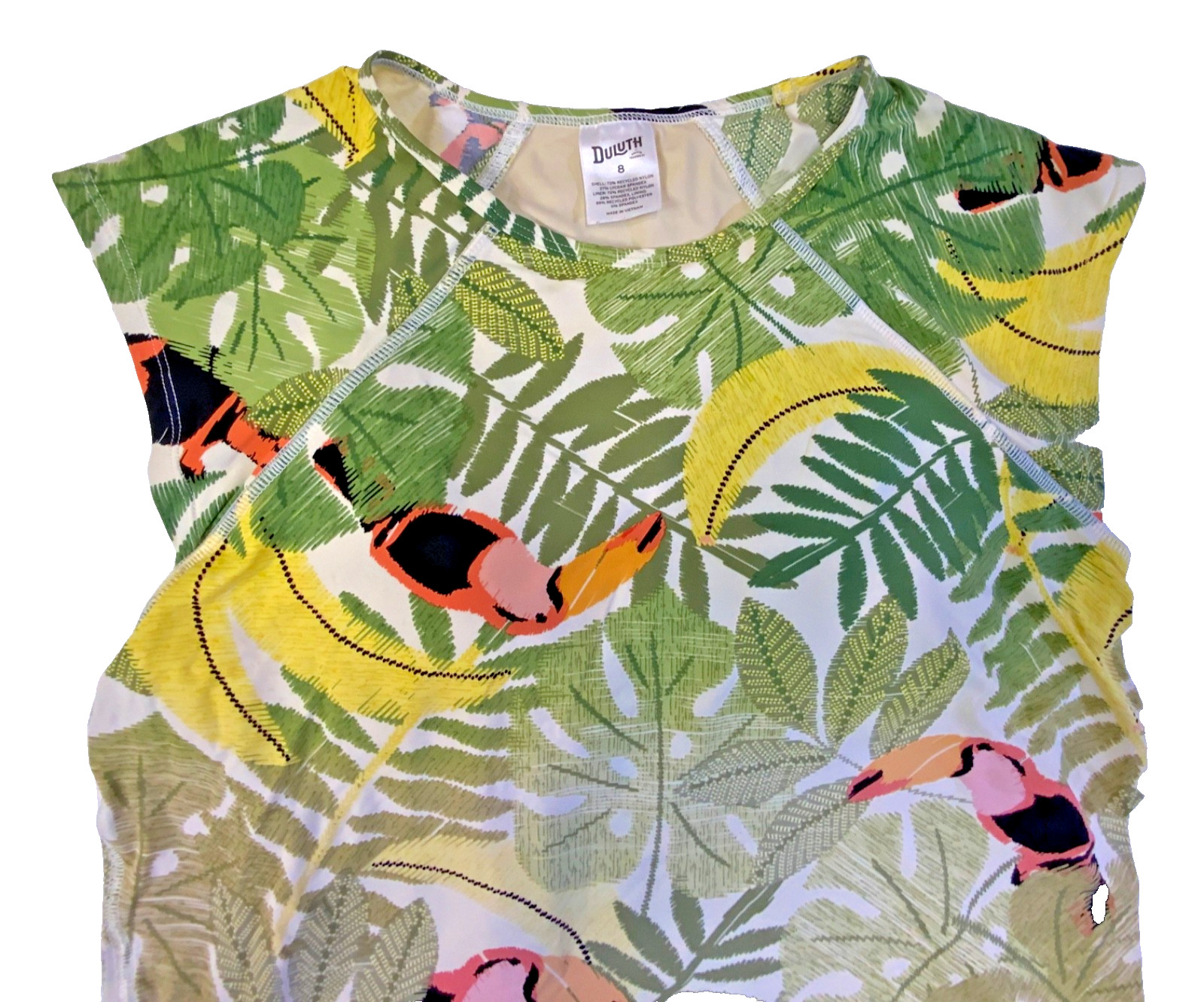 Duluth Trading Swim Top Sz 8 Built-in Bra Tropical Toucan Rash Guard