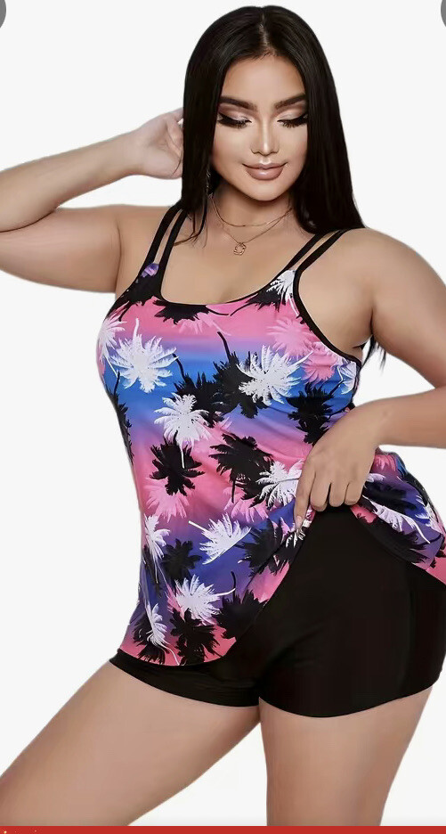 2pc Tankini Women’s 2X Plus Size Palm Trees Pink Blue Purple Bathing Suit
