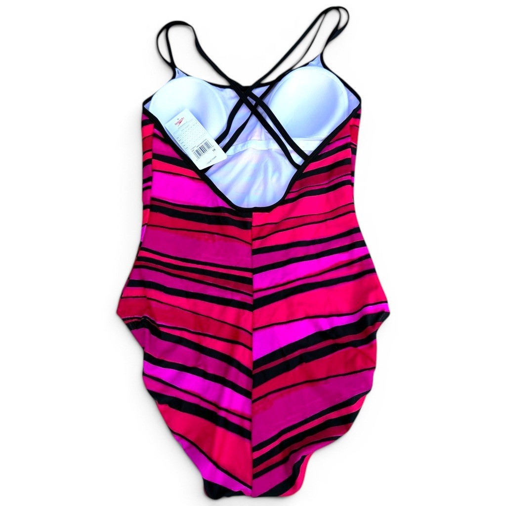 Speedo One Piece Swimsuit Women 16 Pink Black Striped Crossback Padded Classic