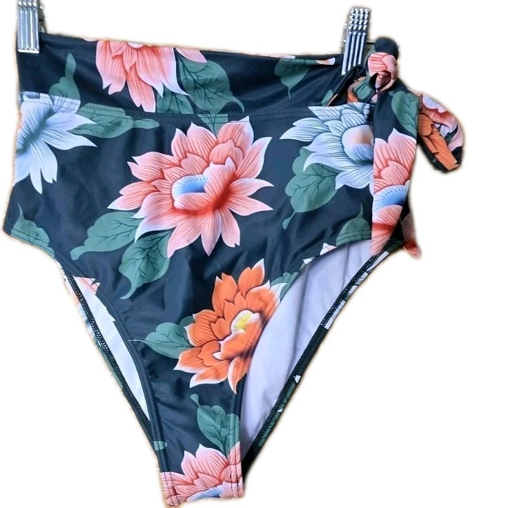 Unbranded Floral Bikini Swim Bottoms Size Sm Side Tie High Waist Full Coverage