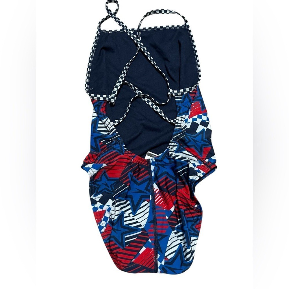 Speedo olympic Overdrive proLT Double X Back blue Red Star Swimsuit size 34 M/L
