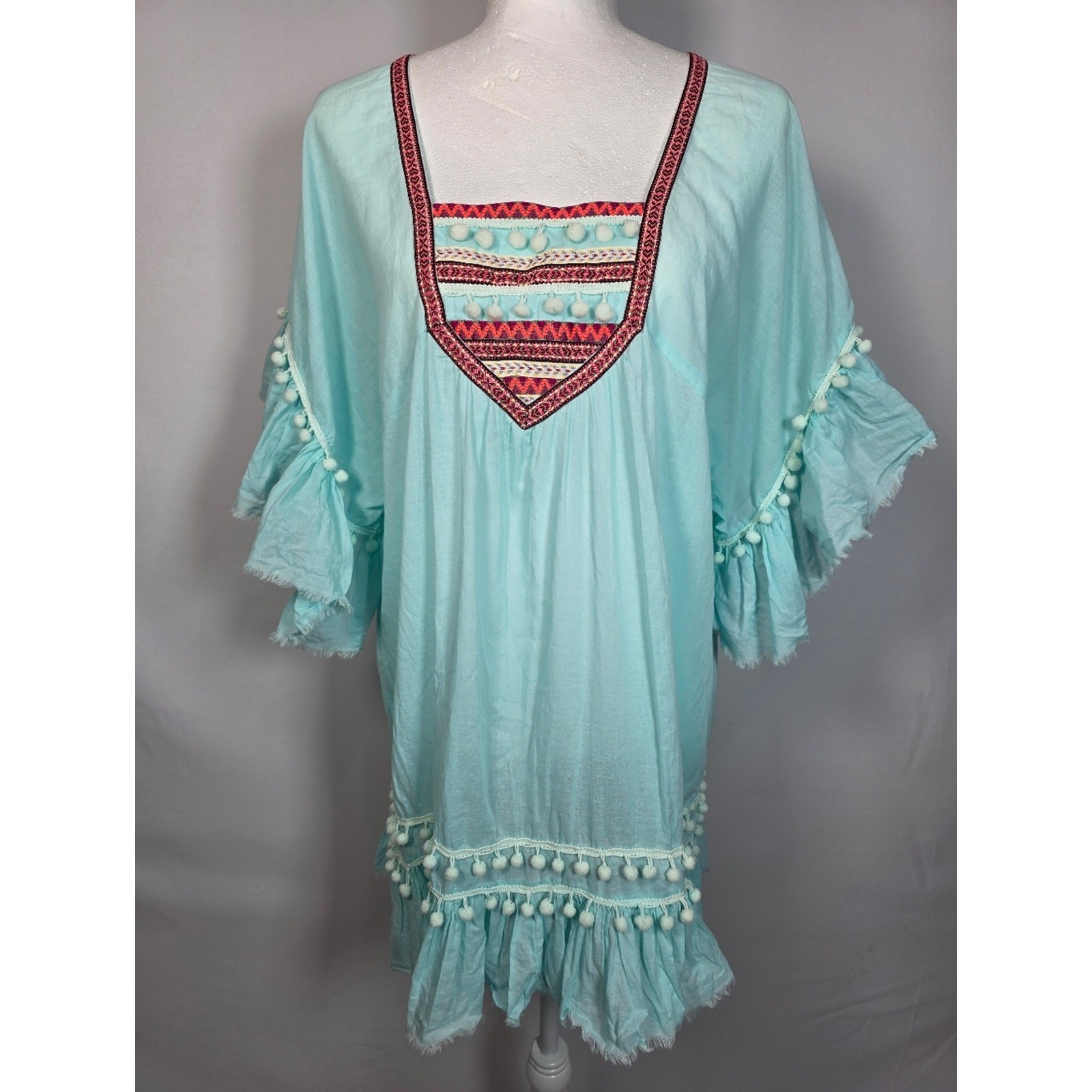 Debbie Katz Tunic L Aqua Embroidered Pom Pom Boho Beach Cover Up