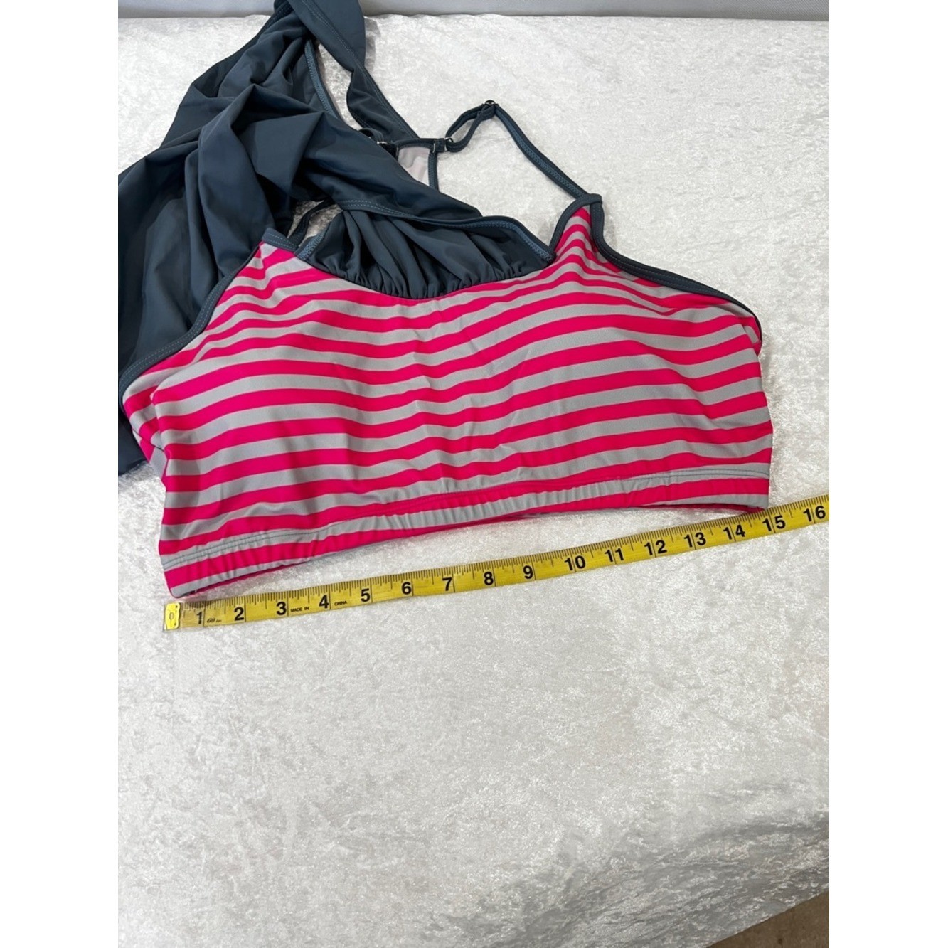 Swimsuit Tankini Top Gray/Pink Striped Built-In Bra Sz 3XL Racer-Back Style Swim